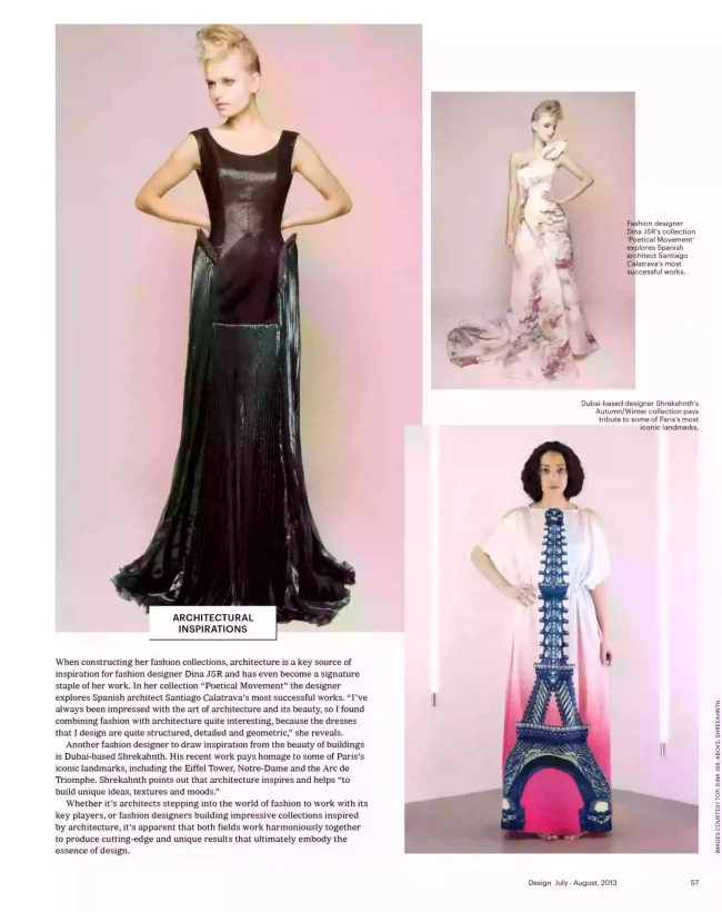 A fashion editorial from Emirates Times Magazine featuring Paris architecture-inspired couture by Dubai-based designer Shrekahnth